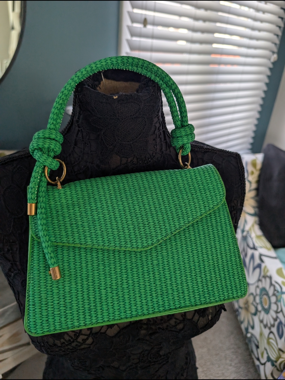 Braided Green Woven Top-Handle Purse